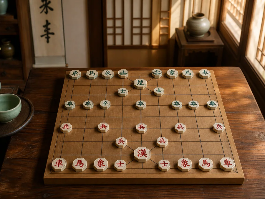 A 9×10 Janggi opening with no river and both generals in the palace centers